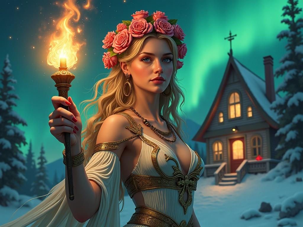 The image features a hyper-detailed, surrealistic goddess named Aurora. She is adorned with a wreath of roses and holds a torch, symbolizing light and guidance. Behind her stands a retrofuturistic house, illuminated under the captivating northern lights. The scene combines artistic styles reminiscent of Joan Miró and others, showcasing intricate patterns and a playful composition. The attention to detail and vibrant colors create a whimsical yet powerful atmosphere.