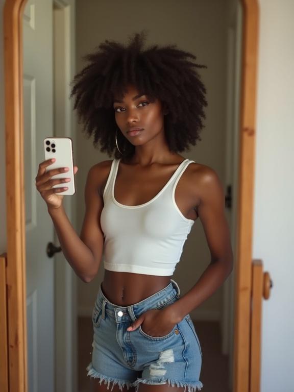 Photorealistic mirror selfie of a stunning Black woman in her room. She wears a white crop top and jean shorts. She holds an iPhone, looking confidently at the camera. Full body visible in mirror with warm lighting, natural grain, no makeup. Styled like an unedited iPhone selfie with softness and slight blur. The room shows realistic imperfections.