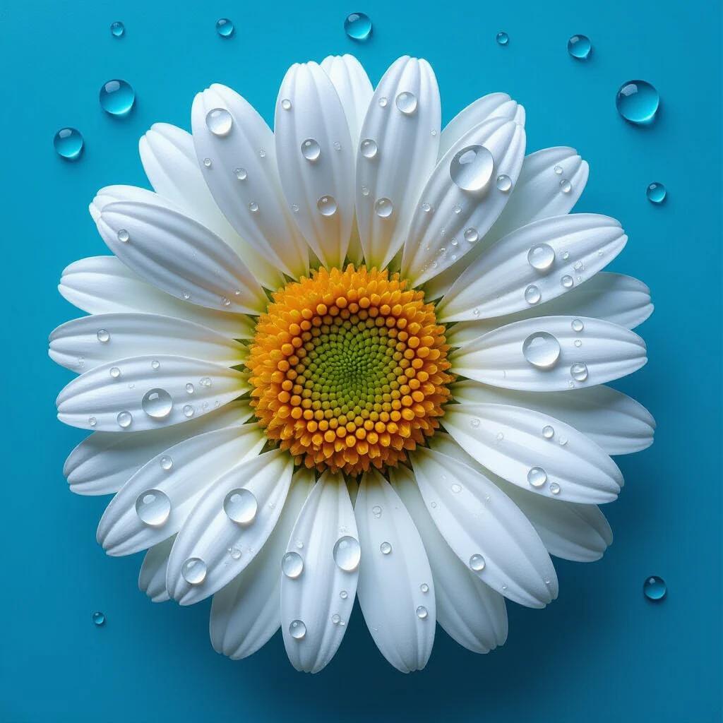 Close-up of a daisy flower with vivid water droplets on its petals against a sky-blue background. The flower features a bright yellow center surrounded by white petals. The image captures intricate details that resemble a three-dimensional sculpture. The water droplets simulate realism and enhance the visual appeal of the flower. Perfect for illustrating botanical beauty and artistic techniques.