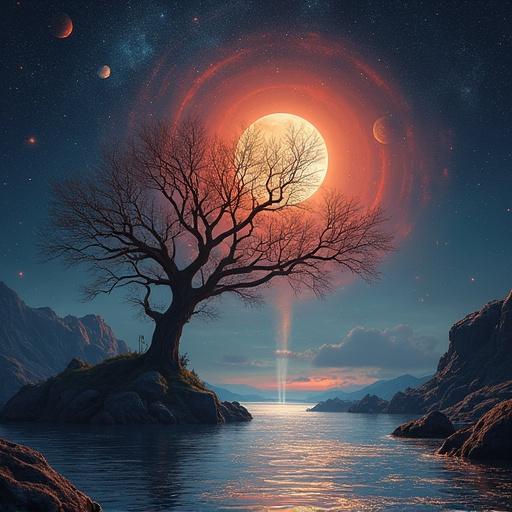 A scene inspired by the movie Fountain portraying a cosmic landscape with the Tree of Life. Celestial bodies shine in vivid hues similar to their depiction in the film. Shibalba is faintly visible in the background, creating a mystical atmosphere.