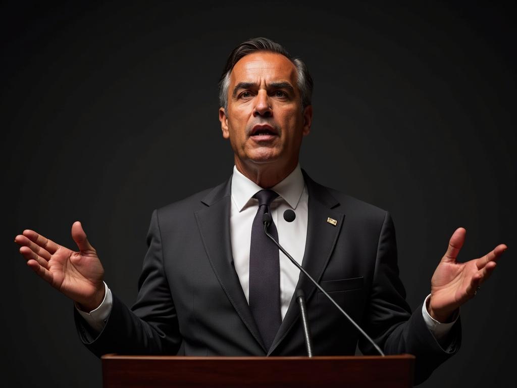A politician delivering a speech outdoors. Expressive gestures and engaging tone during the address. Surrounded by natural elements.