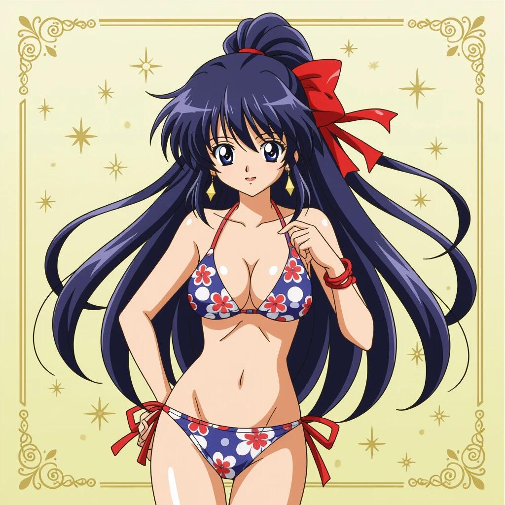Anime character in a stylish bikini with floral patterns. Character has long black hair styled with a bright red bow. The background features a simple star pattern adding a playful feel. The overall vibe is summery and fashionable.