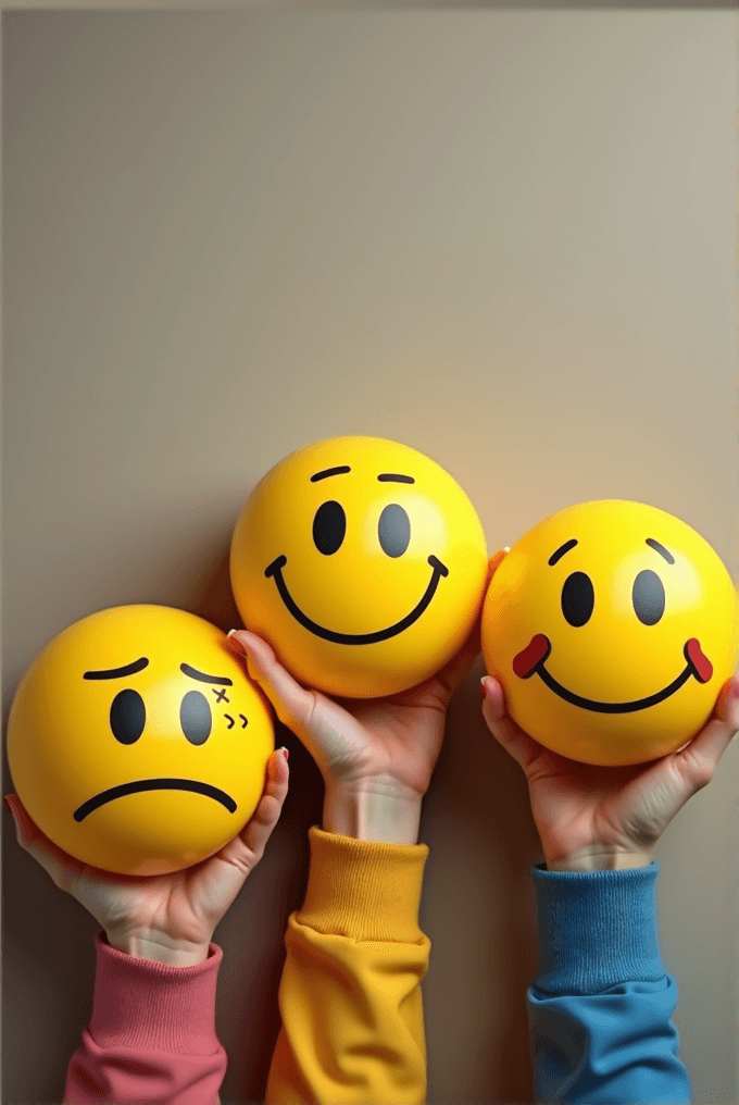 Three hands hold round, yellow emoticons showing different facial expressions.