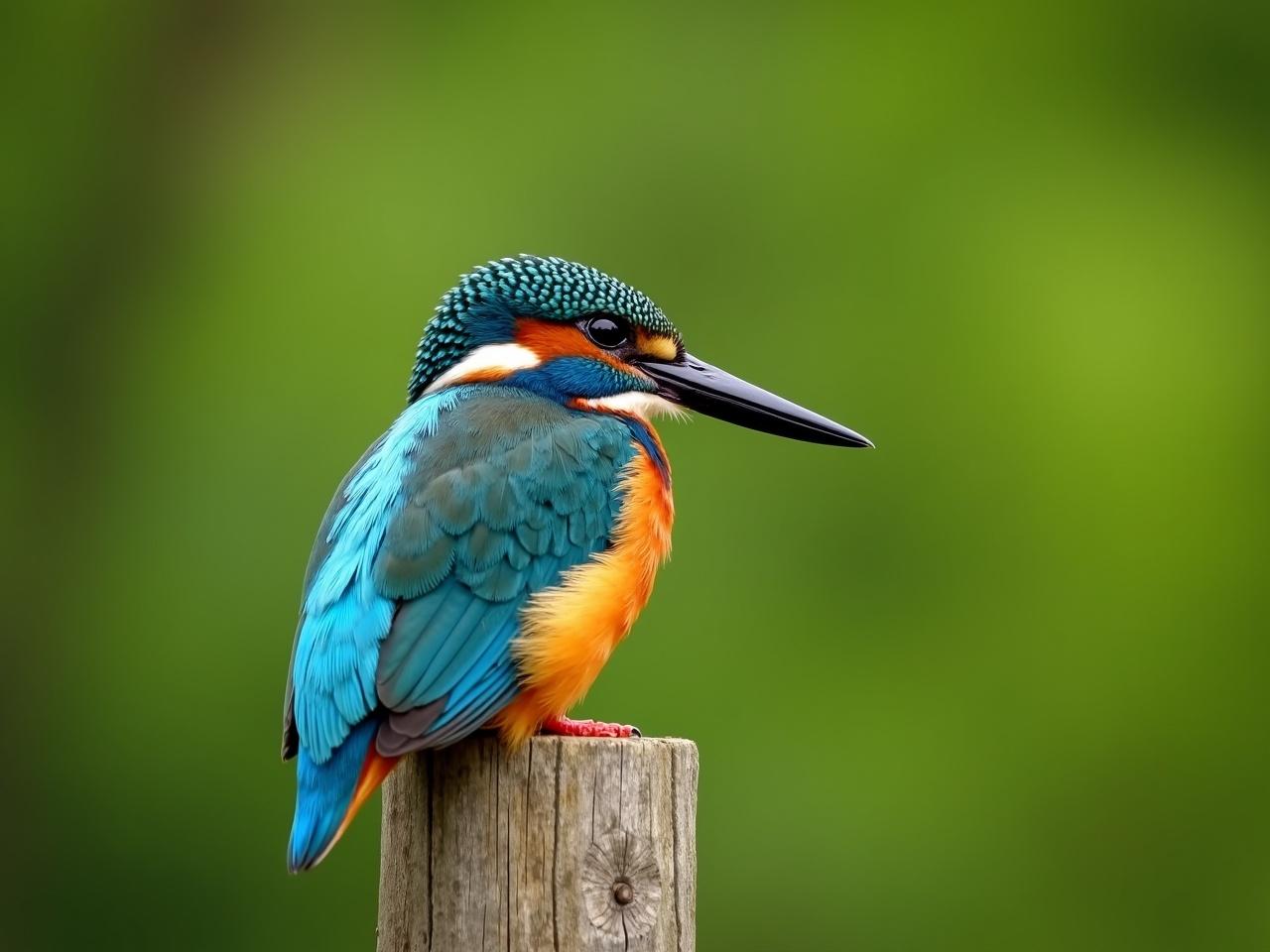 This image features a vibrant bird perched on a wooden post. The bird has a striking combination of blue and orange feathers, with a notable turquoise crown. Its beak is long and sharp, ideal for fishing. The background is softly blurred, filled with shades of green that enhance the bird's vivid colors. The focused pose of the bird suggests a moment of stillness, showcasing its graceful form.