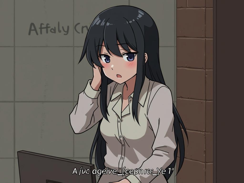 Anime character with long black hair, wearing a buttoned-up shirt. She looks concerned or thoughtful while sitting at a desk. Background includes a wall with text and minimal details.