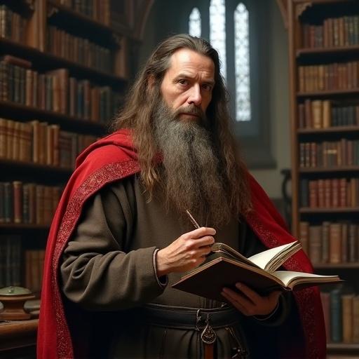 A long-haired man with a beard wearing a red cloak stands in a library holding a book with a serious expression. The background is filled with shelves of books. The scene evokes a sense of knowledge and magic.