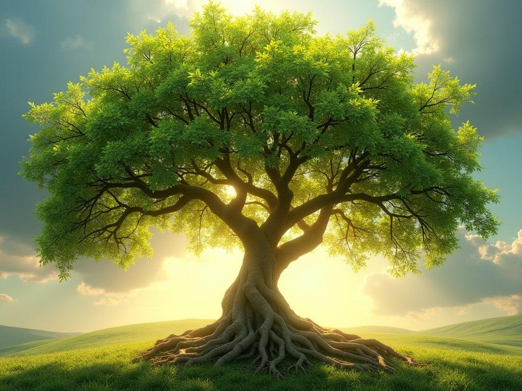 Tree of Life. A majestic tree flourishes with vibrant green leaves and small fruit. Its branches stretch wide, symbolizing growth and vitality. The roots are strong and deeply embedded in the earth. Surrounding the tree, there's an aura of energy that enhances its life force. This tree represents the interconnectedness of all living things and nature's abundance. Sunlight filters through the foliage, illuminating the scene with a warm glow. Each leaf and fruit signifies the beauty and potential of life.