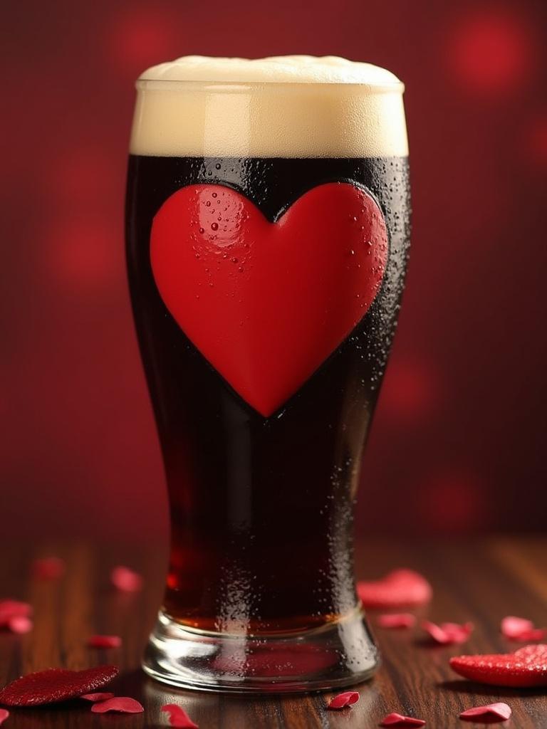 A pint glass filled with dark beer sits on a wooden table. The glass features a large red heart on the front. A soft blurred red background adds a romantic touch. Petals scattered around the base add to the Valentine's theme.