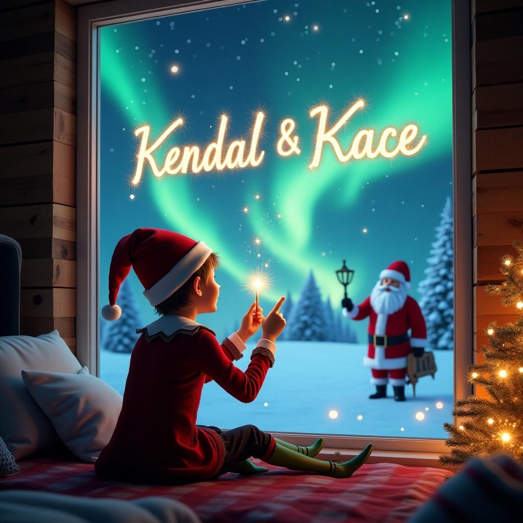 An elf sits by a window overlooking winter landscape. The elf faces the sky with his back to the viewer. He uses a wand to write 'Kendal & Kace' in sparkling letters in the air. The background includes northern lights and a snowy scene. Santa Claus appears in the distance, enhancing the festive atmosphere.