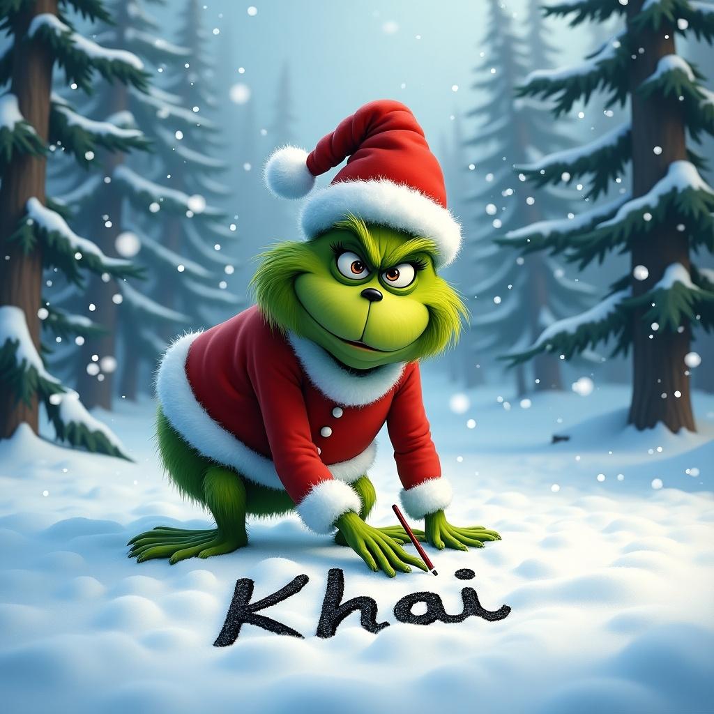 Grinch wearing Santa suit writes name Khai in fresh snow. Snow gently falls. Scene surrounded by tall snow-covered trees. Grinch has cheerful expression. Image captures holiday charm and magic.