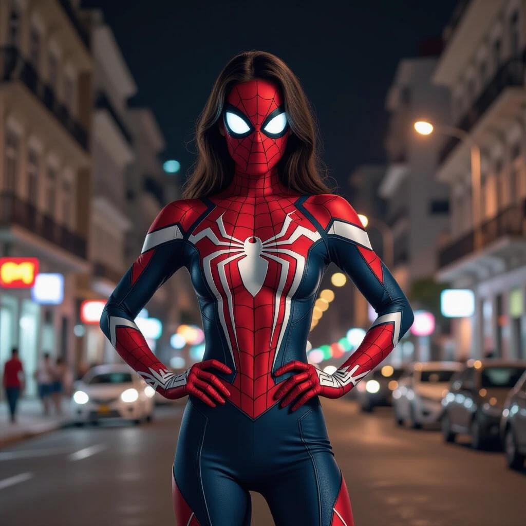A young woman in a form-fitting Spider-Woman suit stands confidently in the middle of a street in Rio de Janeiro at night. Costume features red, blue, and black with web patterns and glowing eyes. Strong build with hands on hips, surrounded by urban landmarks and nightlife ambiance.