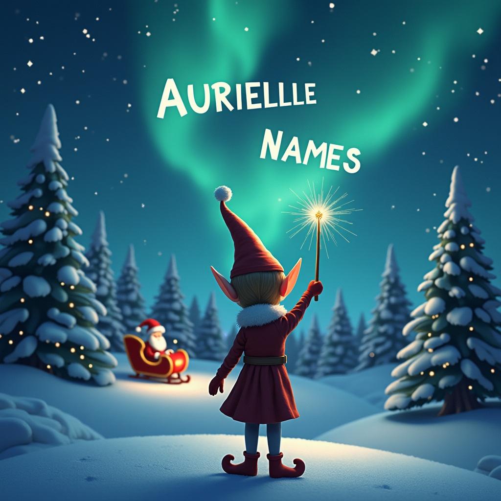 Elf with back to image facing magical sky. Using wand to write names in the air. Background features northern lights and Santa. Names being written are 'AURIELLE'