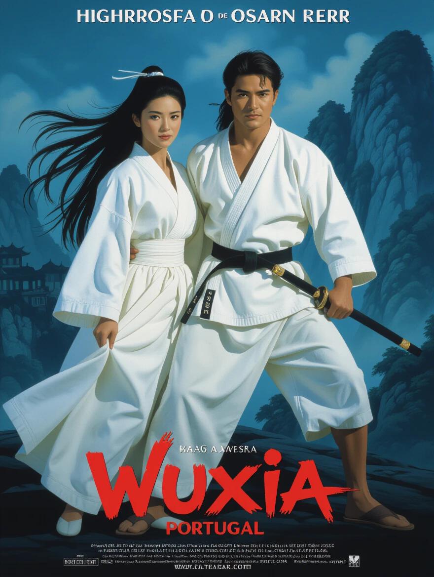 Dynamic pose of two characters in white martial arts clothing. Long haired woman and man standing back to back. Vintage 80s movie poster design. Title at the bottom reads Wuxia Portugal.