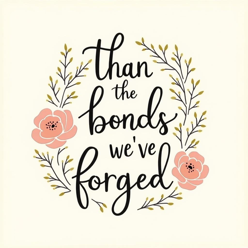 Text surrounded by floral design. Emphasizes bonds we’ve forged. Warm and inviting aesthetic. Decorative typography.