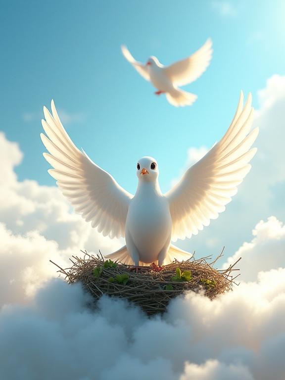 Large white dove with wings spread stands on a nest made of twigs. Nest floats on fluffy white clouds. Below is a hint of green landscape. Smaller white dove flies high in blue sky. The sun shines brightly. Pixar and Dreamworks inspired.