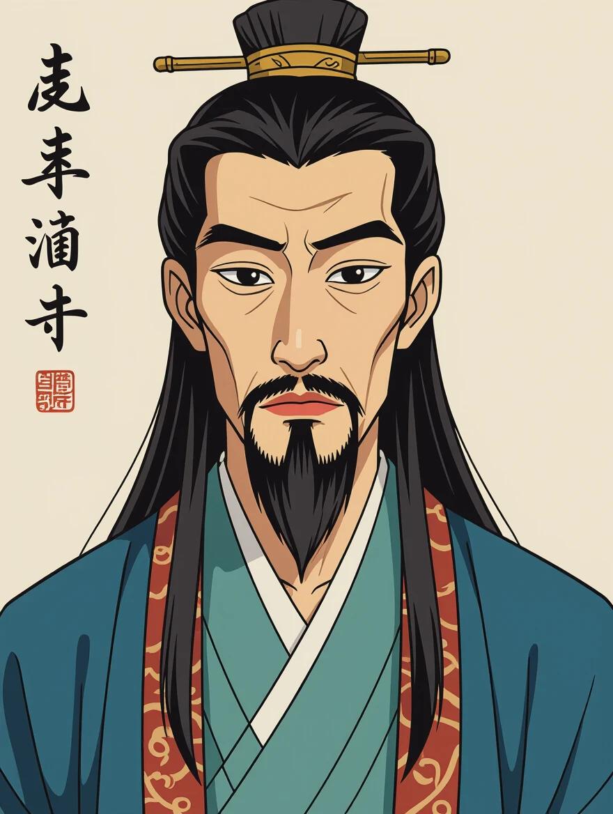 Cartoon style design featuring a young Chinese male character. Long hair and a gaunt face. High nose and dry lips. Rough skin showing fatigue. Wears traditional clothing in a front view portrait.