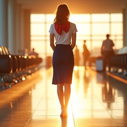 Young flight attendant standing barefoot in modern airport terminal at golden hour. Facing the camera in a full frontal view. Wearing white blouse, red scarf, navy-blue pencil skirt. Strong warm sunlight from the right casting shadows. Feet in sharp focus. Professional photography with cinematic rim light.