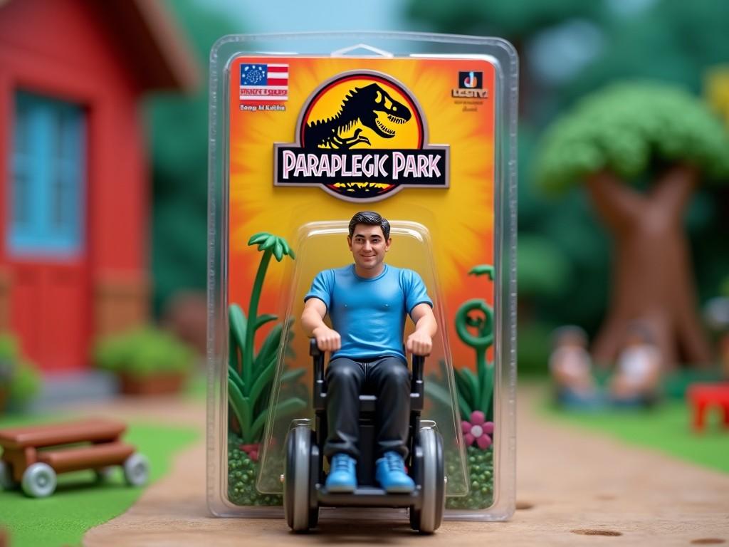 An action figure in a wheelchair, encased in packaging labeled 'Paraplegic Park', set against a colorful park background.