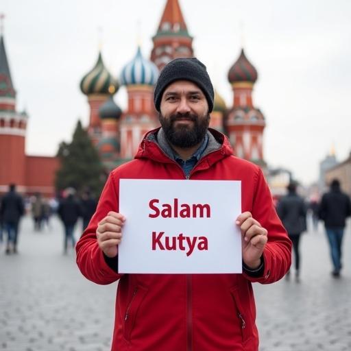 Asian man standing in Red Square holding a white paper with text Salam Kutya. Background features iconic Russian architecture.