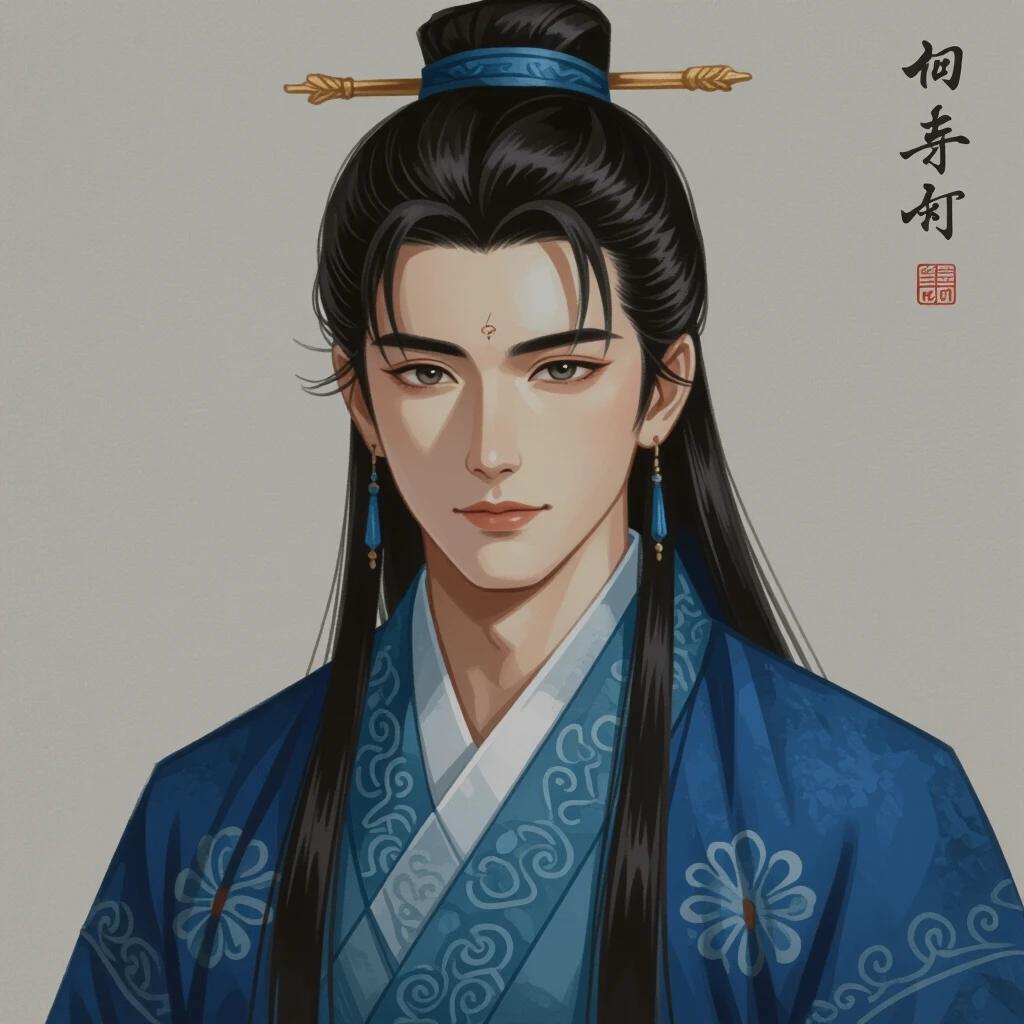 A beautiful digital art piece. A young man dressed in traditional attire. His hair is silver and curled. His face is soft with a deep gaze. He wears a light blue robe with intricate patterns. Background is blurred, mainly gray, enhancing the character's details. Atmosphere is tranquil and noble.