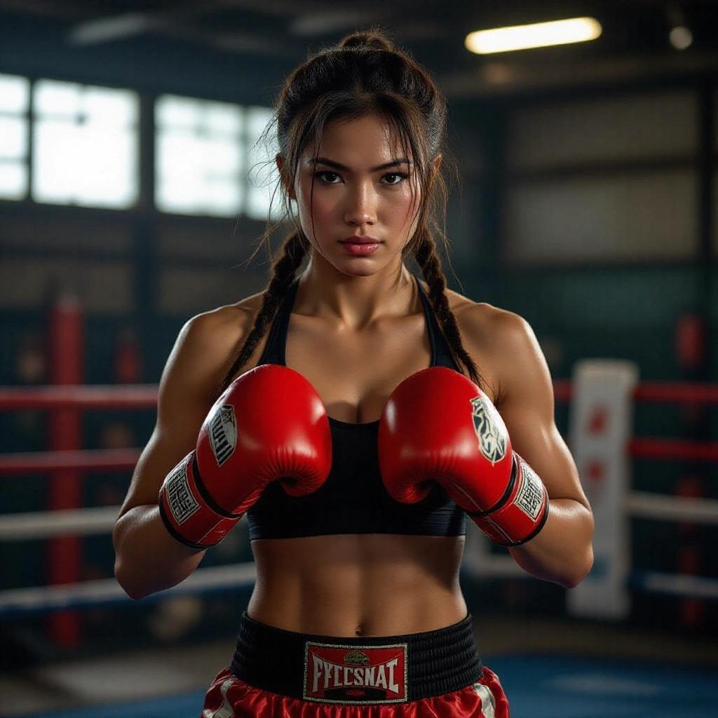 Female Muay Thai fighter ready to fight. Captivating and focused. Engaged expression. Photorealistic and hyperrealistic. Natural lighting. Full-body image.