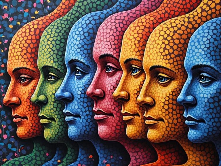 Stylized human faces depicted in different ages layered in a colorful pattern. The artwork incorporates optical illusion themes synonymous with Bridget Riley and Victor Vasarely. Features a 3D illusion, color gradient grid, and fine grain abstraction.