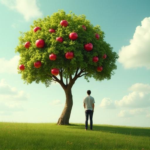 Tree with red apples. Person looking at tree. Suggests innovation disconnect. Square apples idea. Balances nature and technology.
