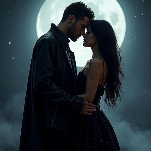 Realistic image of a couple embracing under a full moon. Enchanting atmosphere with starlit background and hazy effects. Themes of paranormal romance present. Couples reflect magical elements, including vampire hunter characteristics.