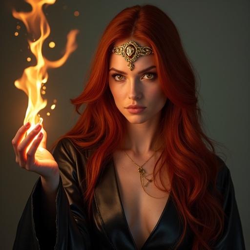 A captivating portrait shows a strong stunning woman with long dark red hair. She has vibrant amber eyes glowing with confidence. Dressed in a fitted black leather robe, she raises her arm conjuring a magical flame. Adorned with a golden forehead diadem, her pale skin contrasts with her striking hair. This character embodies warrior and spellcaster qualities with intricate details. 