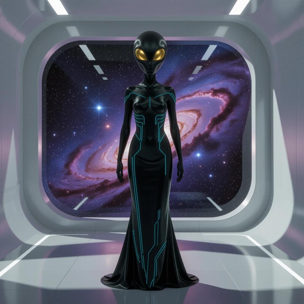 A full-body shot of an elegant extraterrestrial being in a futuristic room. The being has a human body and an alien head. The skin is smooth, obsidian-black with bioluminescent patterns. The head has large, reflective gold eyes. It stands by a large window overlooking a vibrant nebula. The lighting is dramatic, creating long shadows. The scene is hyper-detailed and ultra-realistic.