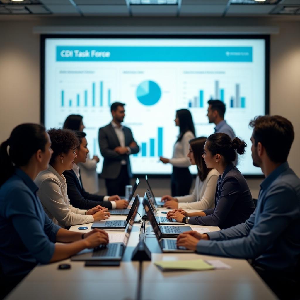 Group of professionals in a conference room discussing CDI task force. Laptops on table show data. Presentation screen displays graphs and statistics. Team members are engaged in conversation and analysis.