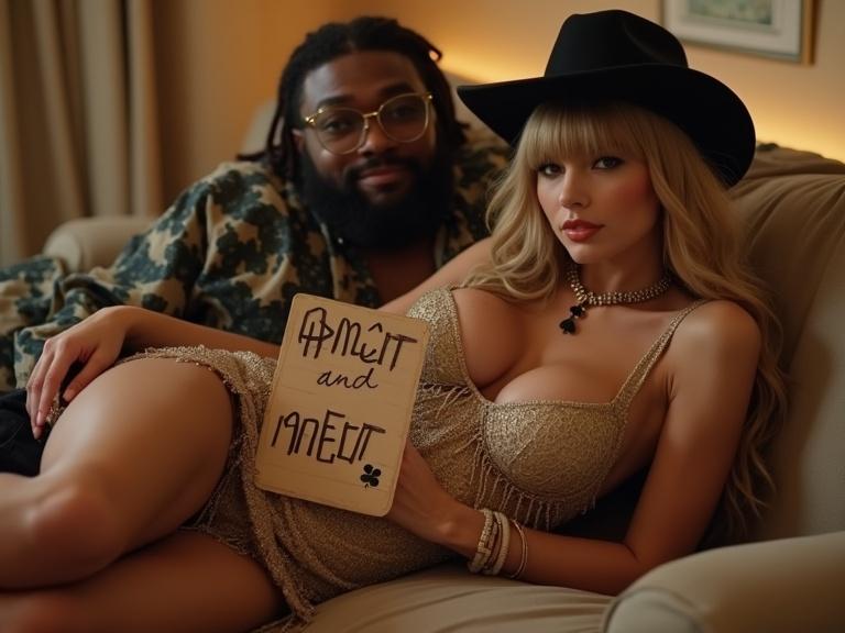 Beautiful woman lying on a couch with a stylish gold fringe dress cowgirl hat holding a sign. The woman is smiling and looking at the viewer. Her boyfriend sits nearby wrapped around her. Warm light fills the scene creating an inviting atmosphere.