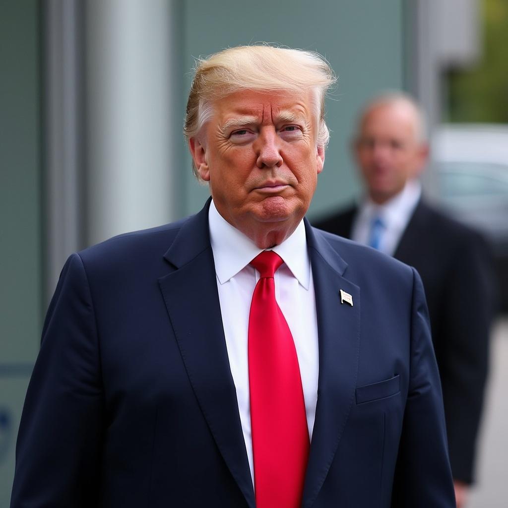 Donald Trump appears at the NATO summit in The Hague Netherlands. He wears a suit and tie. The atmosphere is formal and serious.