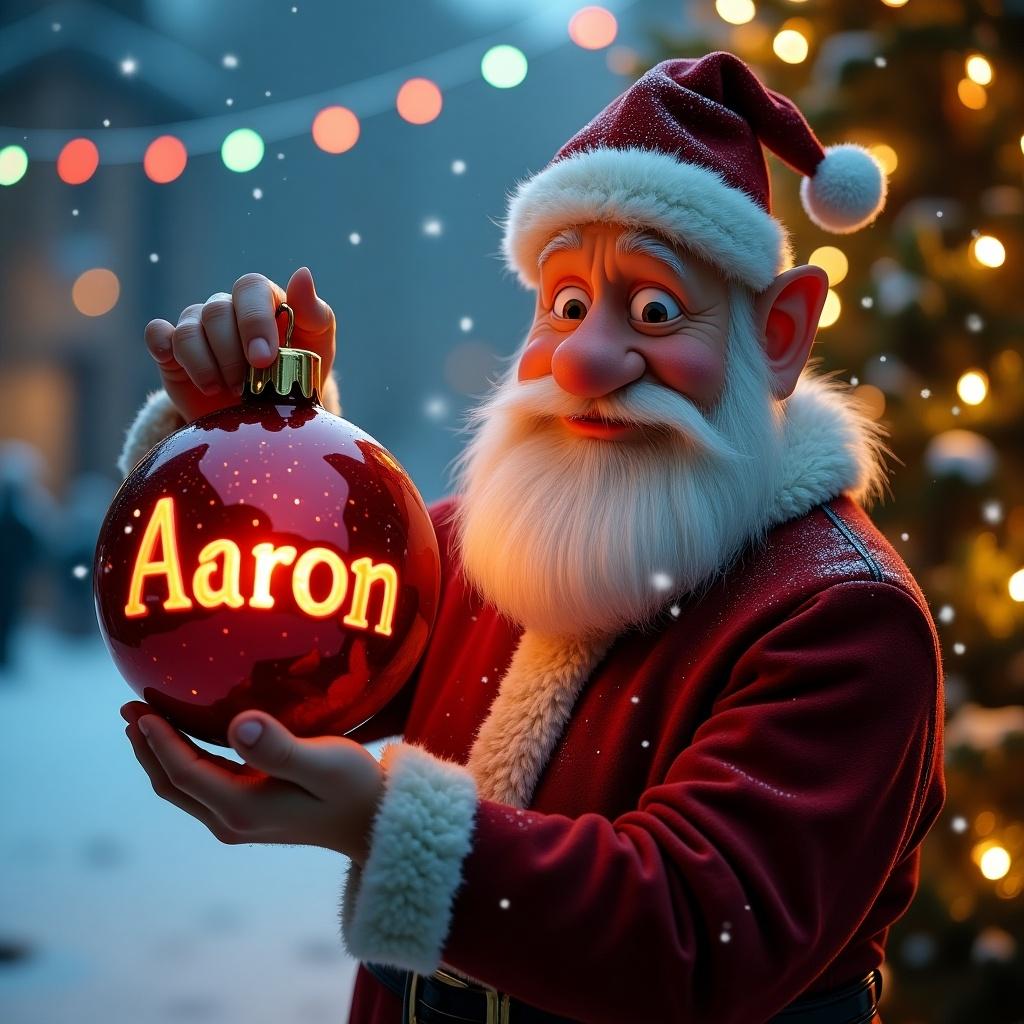 Gargamel holds a Christmas bauble with the name Aaron. Snowy background with Christmas lights.