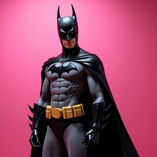 A hyperrealistic portrayal of Batman set in a pink environment. The character exhibits an imposing physique with the iconic bat symbol on the chest. Bright colors contrast the dark costume, emphasizing superhero elements.
