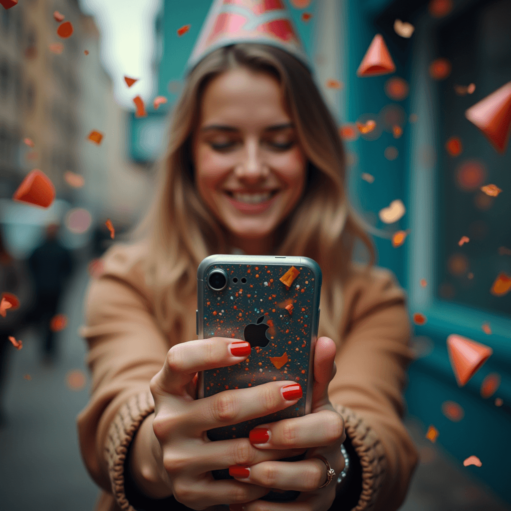 A smiling woman wearing a party hat takes a selfie amidst falling confetti.