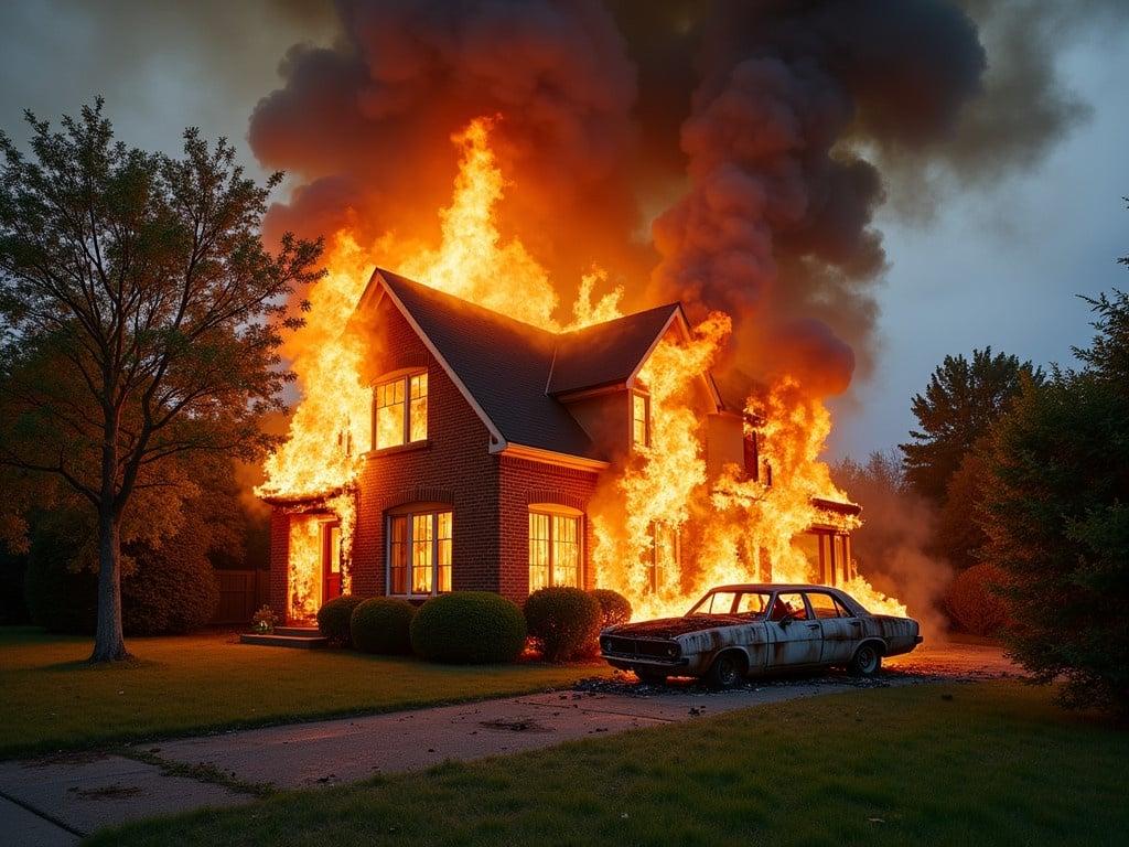 A house is engulfed in flames, with intense fire and smoke billowing from the windows and roof. The structure's brick façade is partially visible, contrasting with the bright orange flames. In front of the house, a car is burned and damaged from the heat of the fire. The sky is a dramatic dark gray, filled with smoke that adds to the chaotic scene. Surrounding the house is a grassy area, indicating a suburban neighborhood. There are trees and shrubs in the foreground, providing some greenery against the fiery background. The overall atmosphere is tense and alarming, capturing the intensity of the fire.