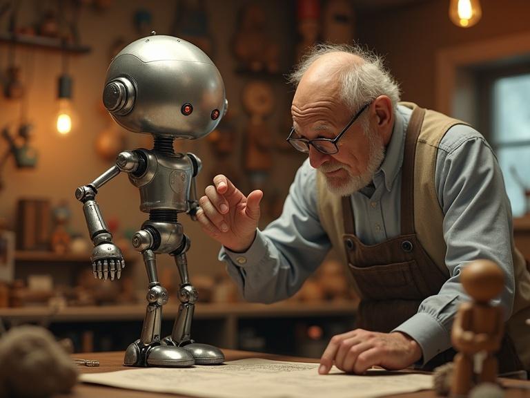 A humanoid robot made of shiny metal and wooden panels in a warm workshop. The robot has a normal-sized nose and soft eyes, wearing a metallic hat. An elderly man repairs the robot, showing gentle interaction in a nostalgic setting full of toys and plans.