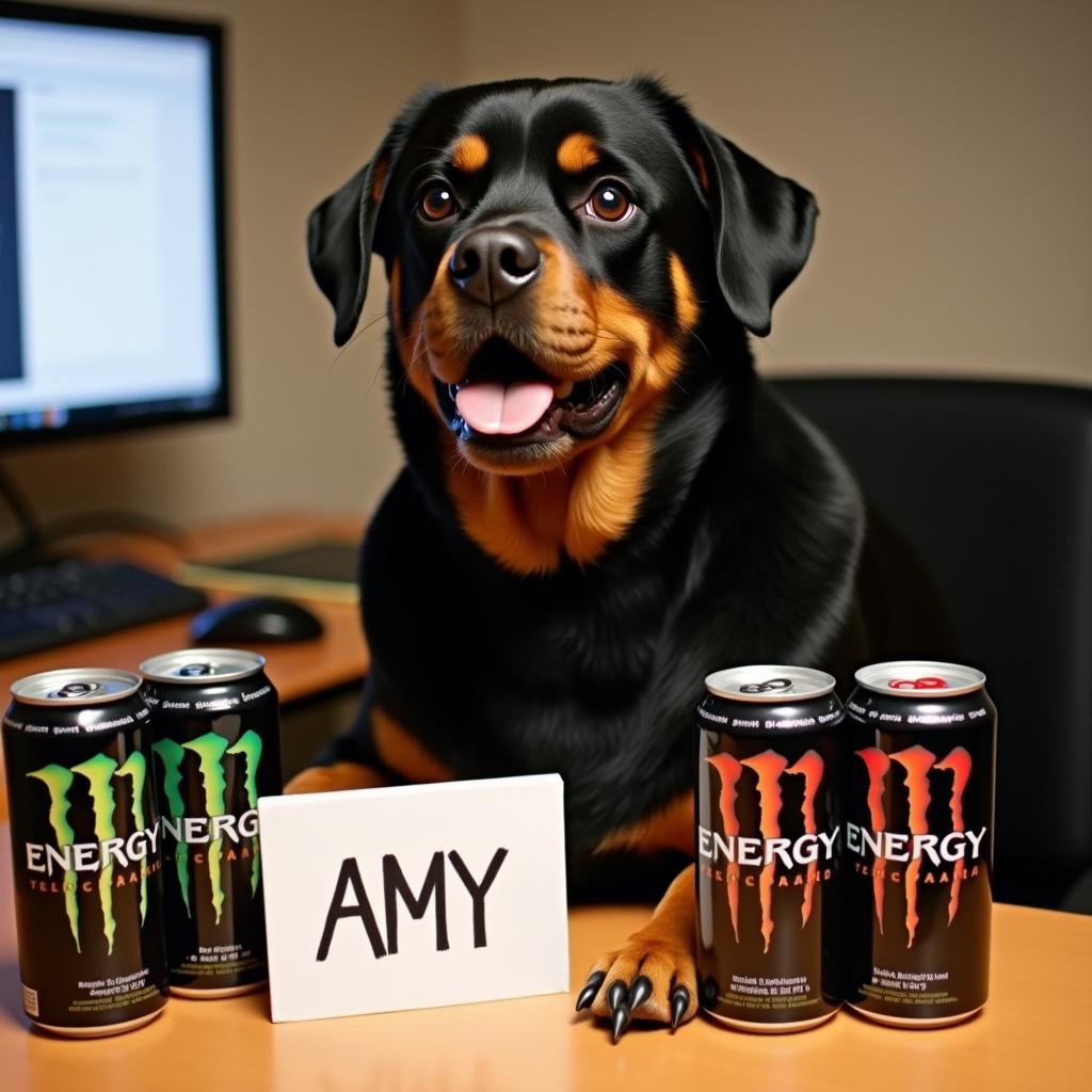 Rottweiler dog sits at a computer desk. Three cans of energy drinks are visible. A sign that reads 'AMY' is in front of the dog.