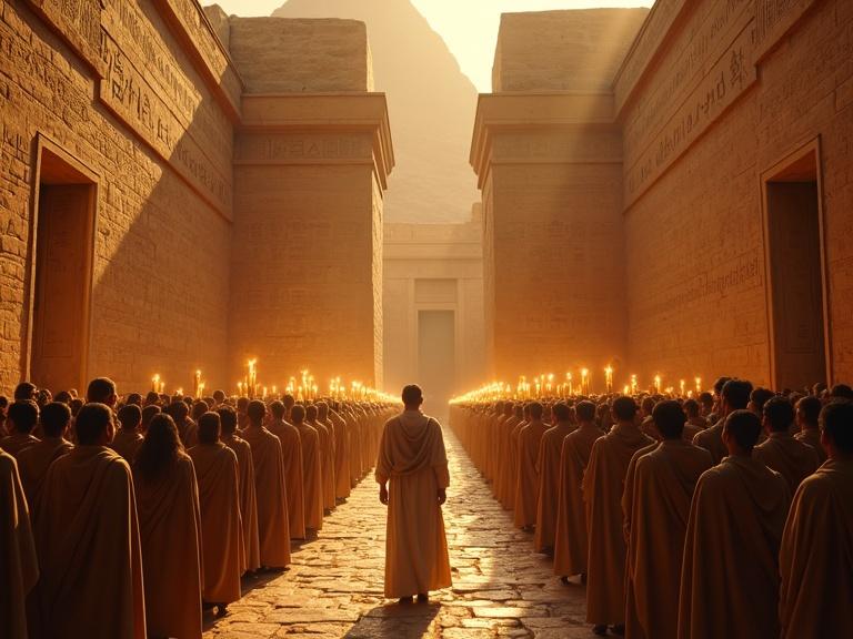 High-angle wide shot of a crowd bowing in a sandstone courtyard. Temple walls adorned with hieroglyphs. Pharaoh, priest, and doctor stand upright. Torches flicker, illuminating the scene. Soldiers maintain a strong position. Dusty courtyard enhances sacred atmosphere. Consistent character layout in ultra-realistic detail.