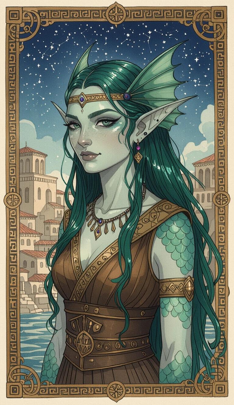 Dark watercolor illustration of a female Triton in a harsh Ancient-Grecian fantasy port city wearing fantasy clothing. She has sharp finned ears and green-blue scaled skin. Long green-blue hair is slicked back. She wields a black stone casting constellations. Captivating and youthful appearance.