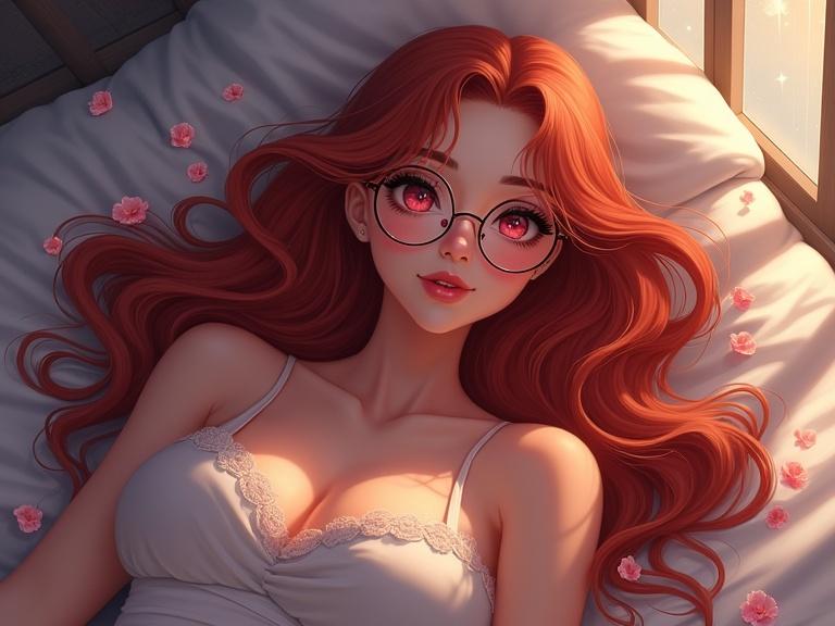 Beautiful girl with long red wavy hair laying in bed. She wears round glasses and has a flirty expression. Flower petals float in the air. Moonlight shines through the windows. Eyes are pinkish-red and realistic reflection of light is noticeable. She has noticeable cleavage.