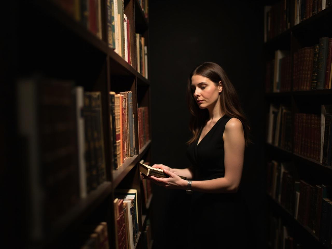 The image depicts a woman in a stylish black dress standing between tall bookshelves. She is intently examining a book she holds in her hands. The atmosphere is intimate and warm, with soft lighting illuminating the scene. The books around her are a mix of colors and styles, creating a rich backdrop of knowledge. This moment captures the love of reading and the beauty of literature.