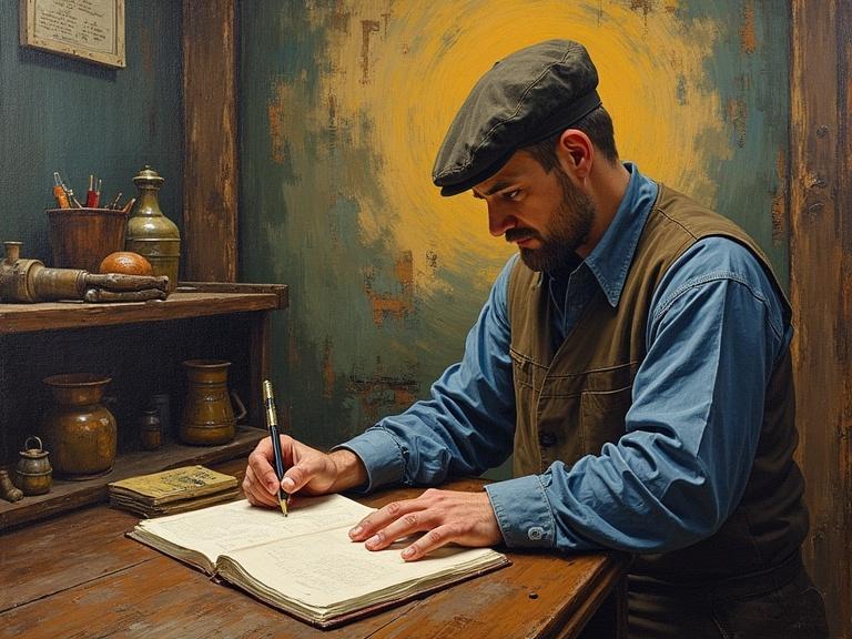 A painting shows a worker writing in a book at a wooden desk. The scene reflects the Industrial Revolution and Marxist themes. Realistic style reminiscent of 19th-century art. Soft lines and smooth color transitions create a cohesive look. Warm lighting adds depth to the subject and background.