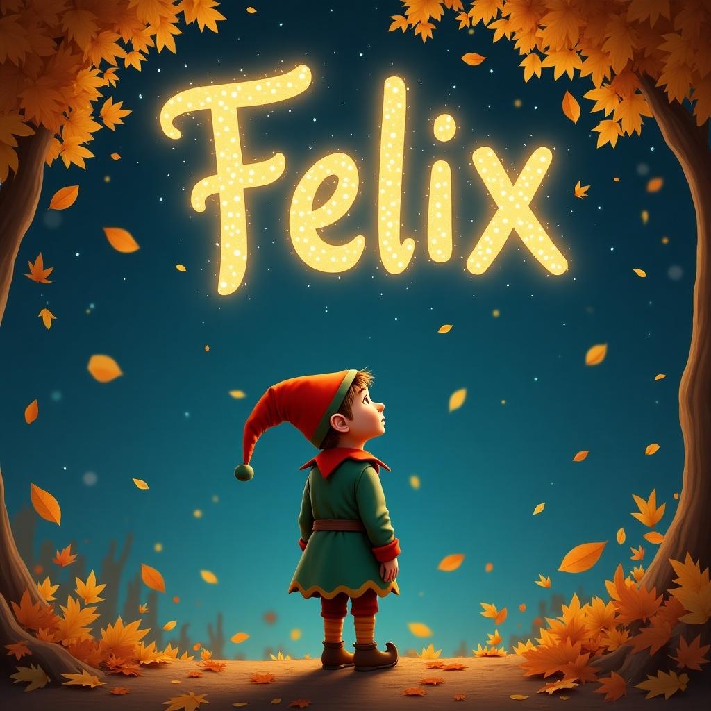 Whimsical fall landscape in Paros, France. An elf stands with back to the viewer, gazing at night sky. The elf magically creates the name 'Felix' in the air.