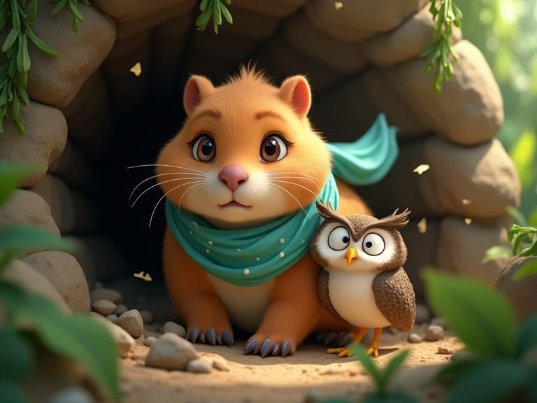A cute capybara with golden-brown fur and a teal scarf helps an injured owl. The owl has damaged wings and is struggling under falling stones. Jungle surroundings are chaotic with debris and vines. Capybara displays bravery with glowing eyes. Animated style of Disney Pixar.