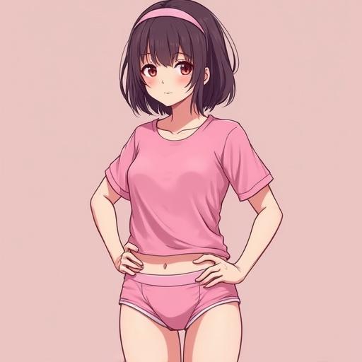 Cute femboy wearing a pink tshirt and boxers. Character illustrated in anime style, youthful appearance.