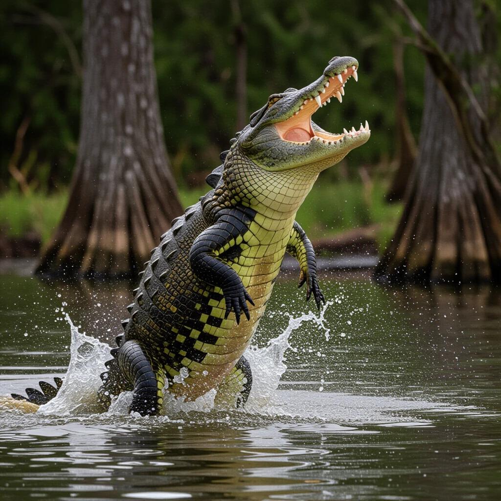 An alligator leaps out of swamp water with its mouth open wide. Water splashes around the alligator. The scene captures the dynamic moment of the jump.