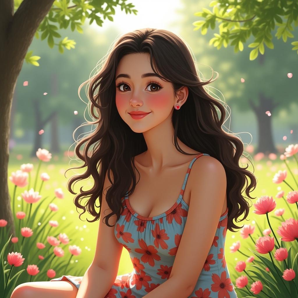 A young woman with long wavy hair sits in a flower-filled meadow. She wears a sleeveless floral dress and smiles warmly. Sunlight filters through trees, highlighting her joyful expression.