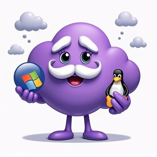 A cartoon purple cloud with white bushy eyebrows and a moustache. The purple cloud is holding the Microsoft Windows Logo in one hand and Tux the Linux Penguin in the other.